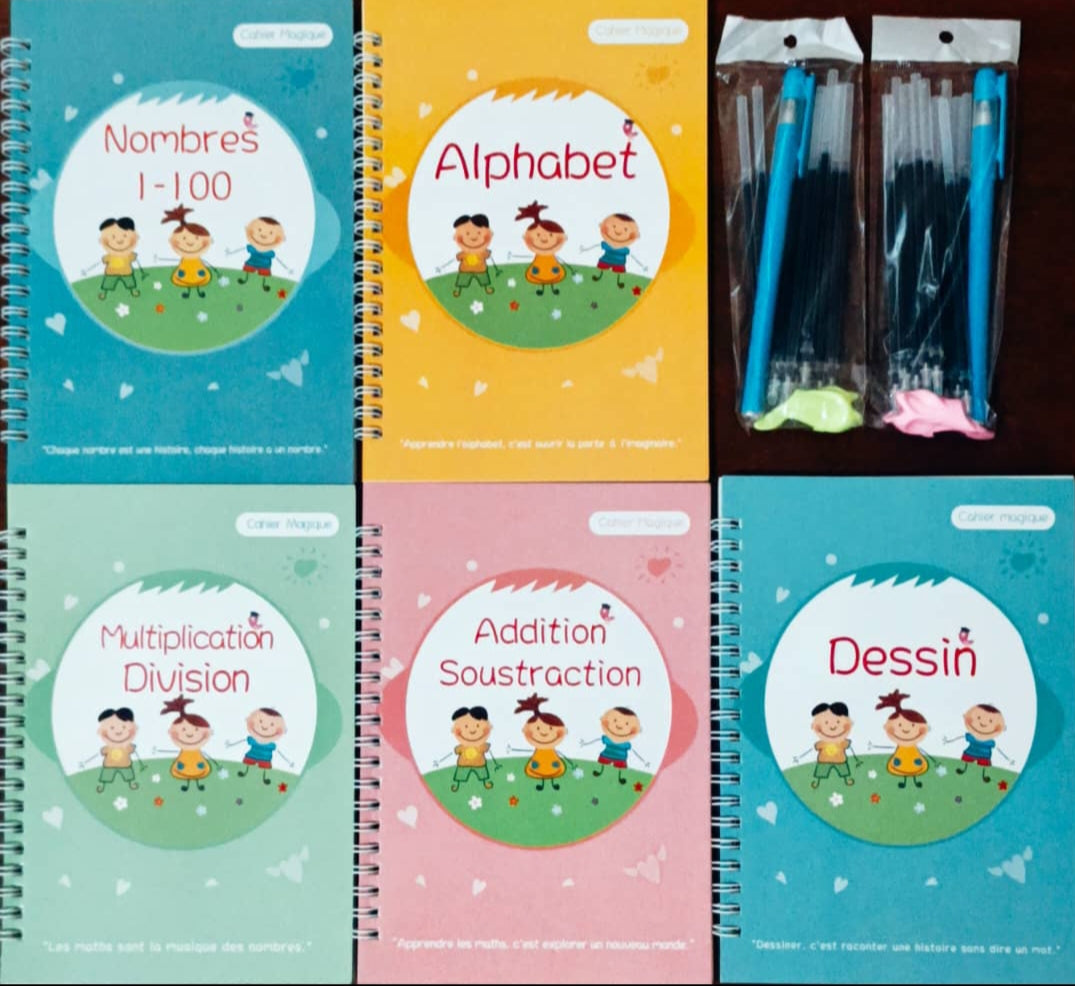Kit 5 cahiers magiques, à encres effaçables pour enfants