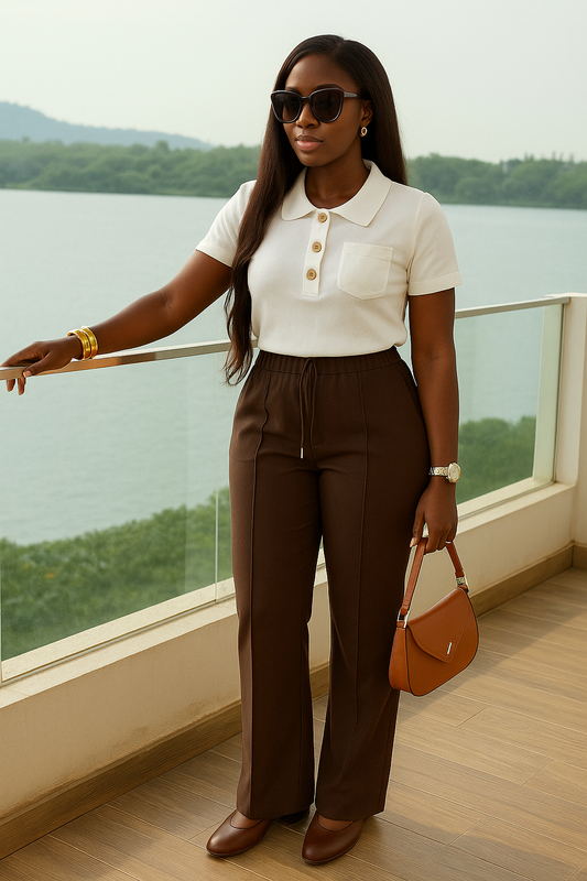 Femme portant l'ensemble deux pièces chic de couleur blanc et marron
