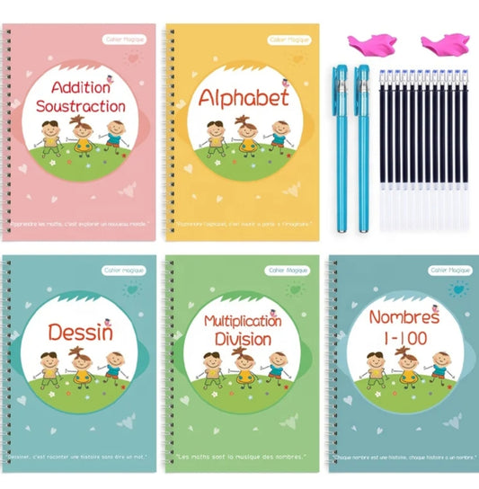 Kit 5 cahiers magiques, à encres effaçables pour enfants